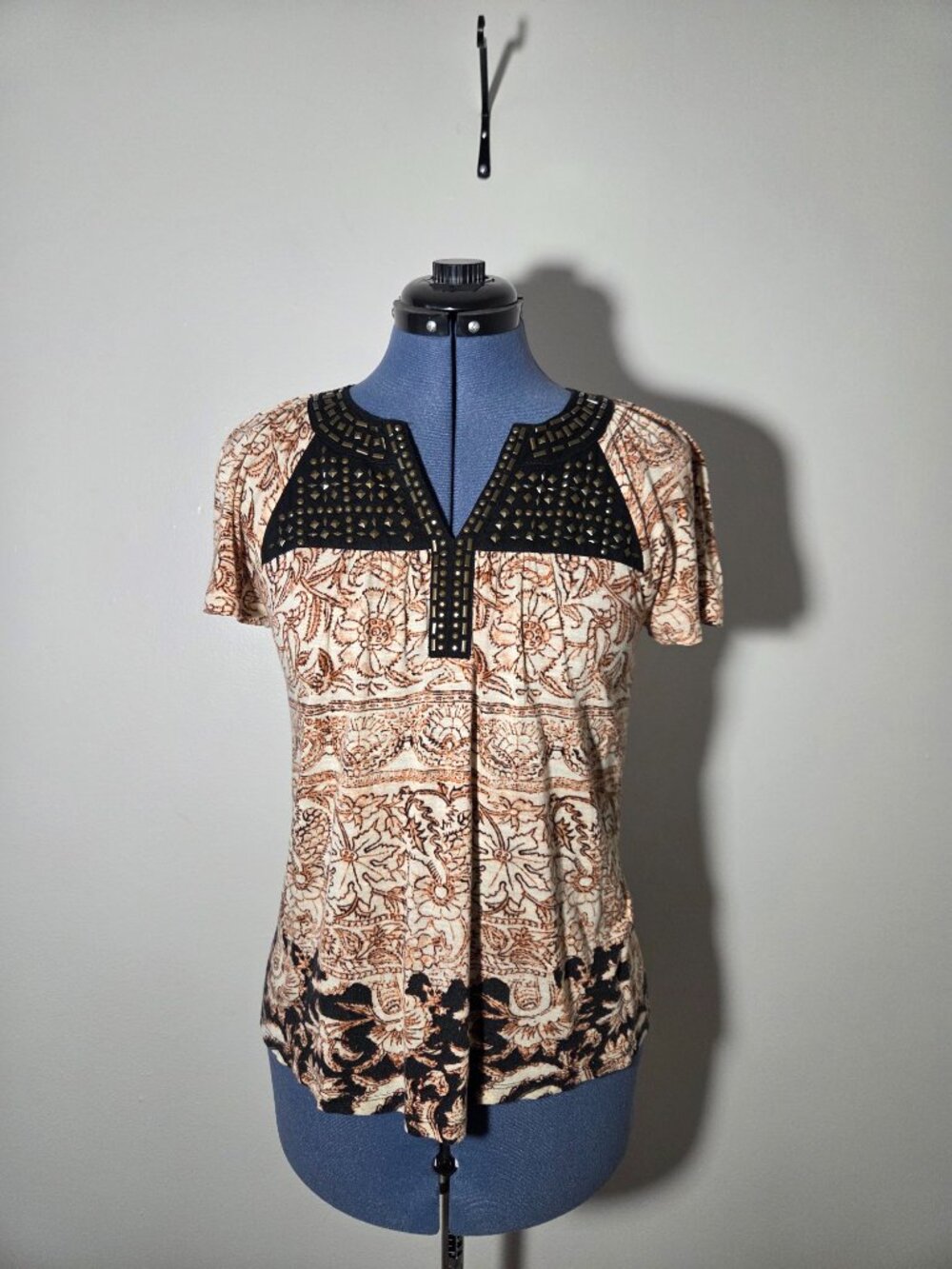 Y2K Lucky Brand Studded Floral Short Sleeve Blouse